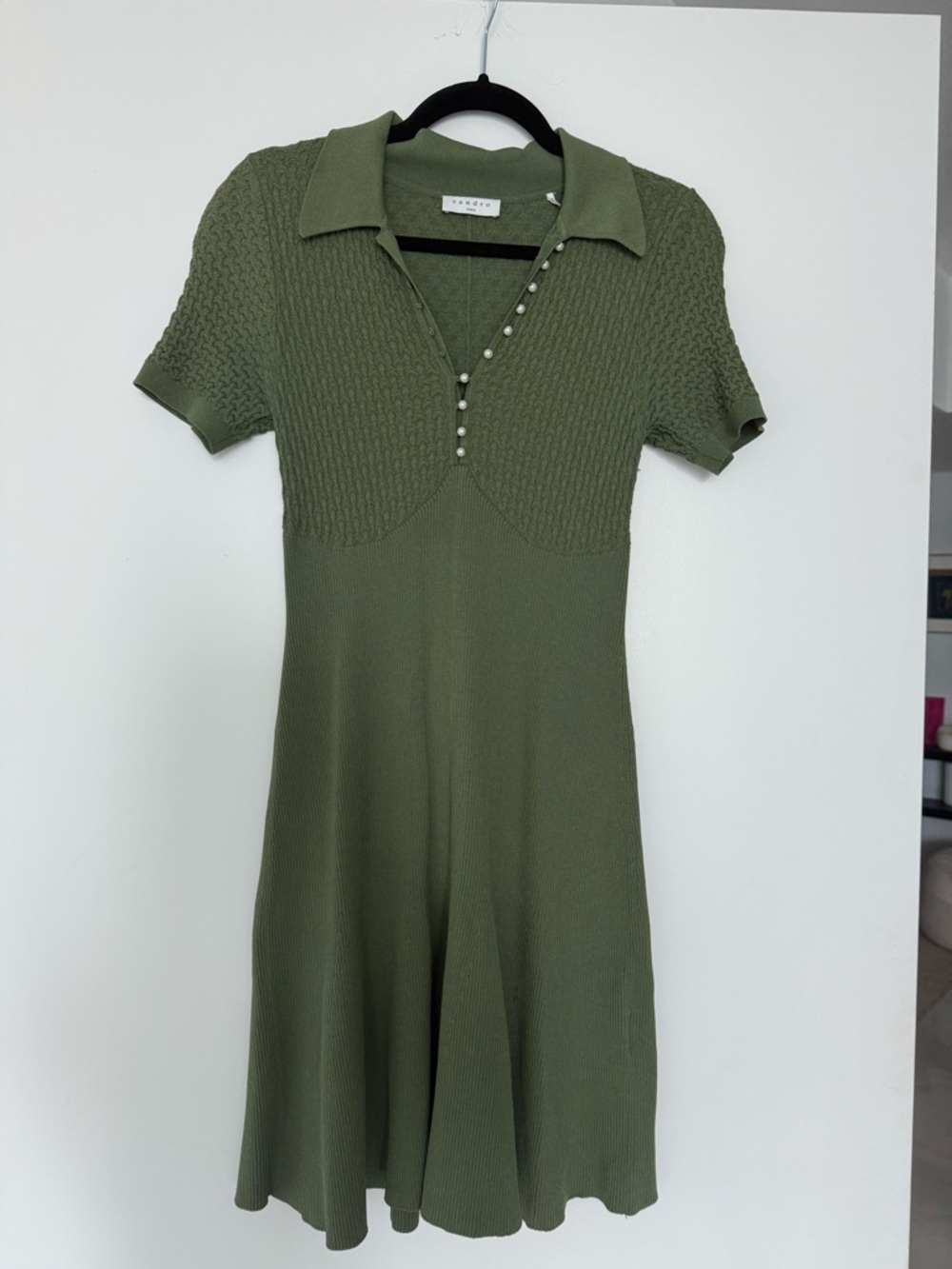 Sandro Olive Green Polo Knit Mini Dress with Pearl Buttons